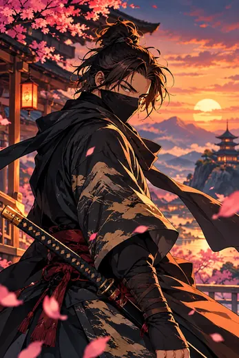 Anime illustration of a masked ronin under cherry blossoms at sunset